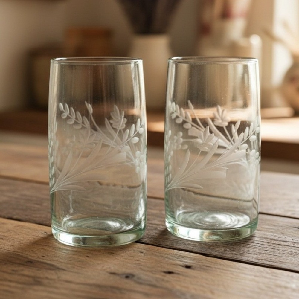 Anthropologie Terrain Tumbler Glasses Green Engraved Floral Hand blown Set Of 2